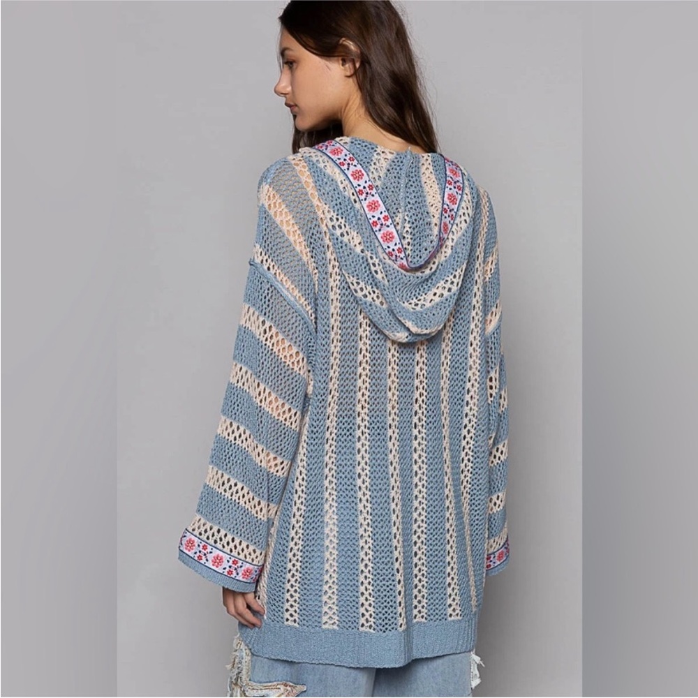POL Blue and Cream Crochet Knit Hoodie